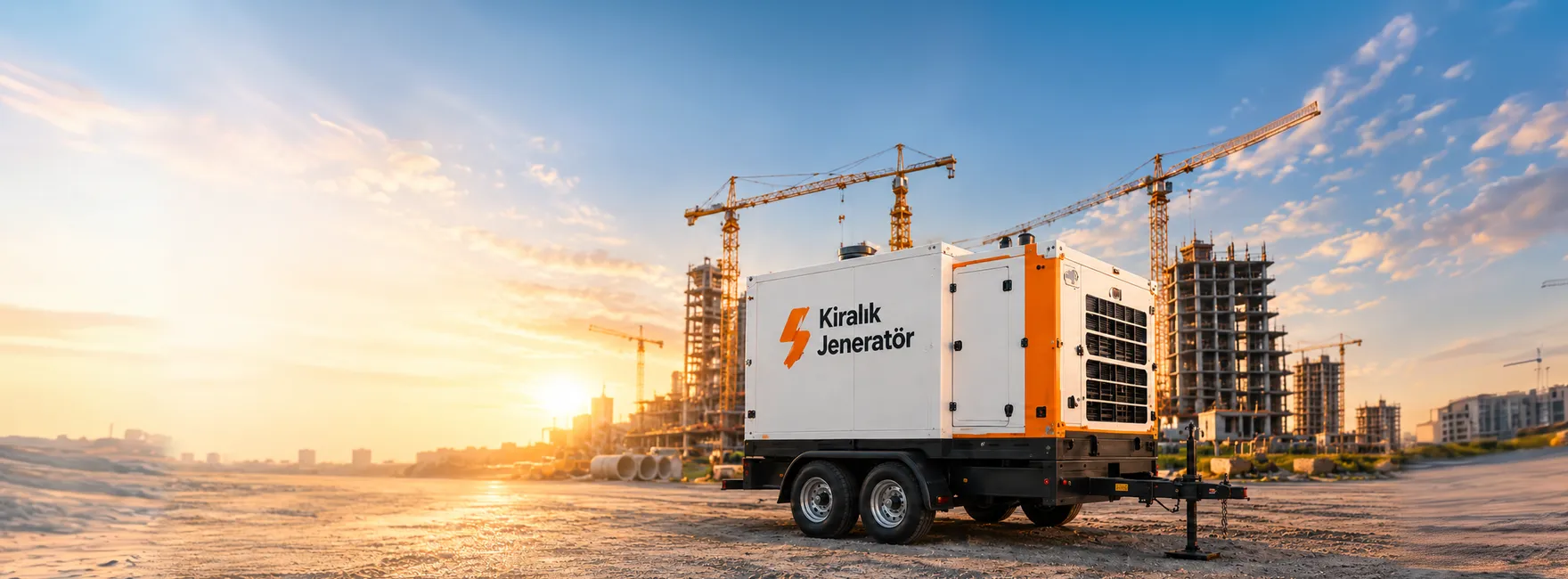 Şantiyede römork üstünde Kiralık Jeneratör markalı mobil jeneratör